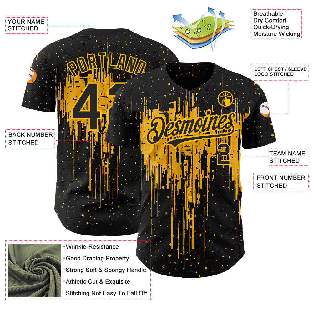 Custom Black Gold 3D Pattern Design Dripping Splatter Art Authentic Baseball Jersey view 3