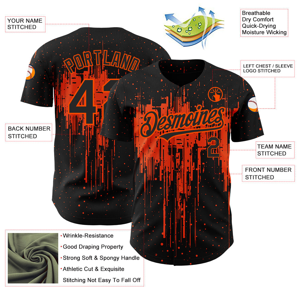 Custom Black Orange 3D Pattern Design Dripping Splatter Art Authentic Baseball Jersey view 3