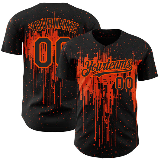 Custom Black Orange 3D Pattern Design Dripping Splatter Art Authentic Baseball Jersey - Main View