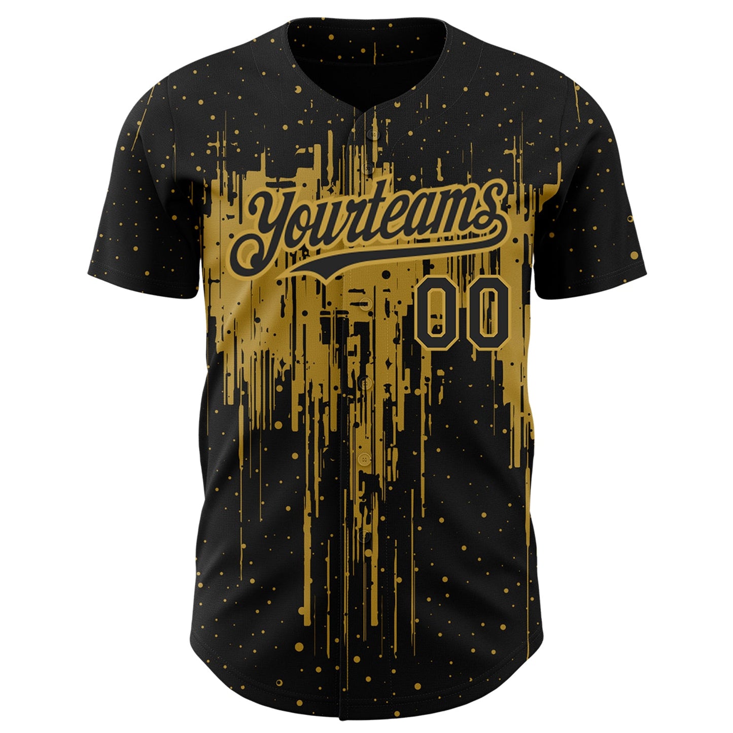 Custom Black Old Gold 3D Pattern Design Dripping Splatter Art Authentic Baseball Jersey view 2