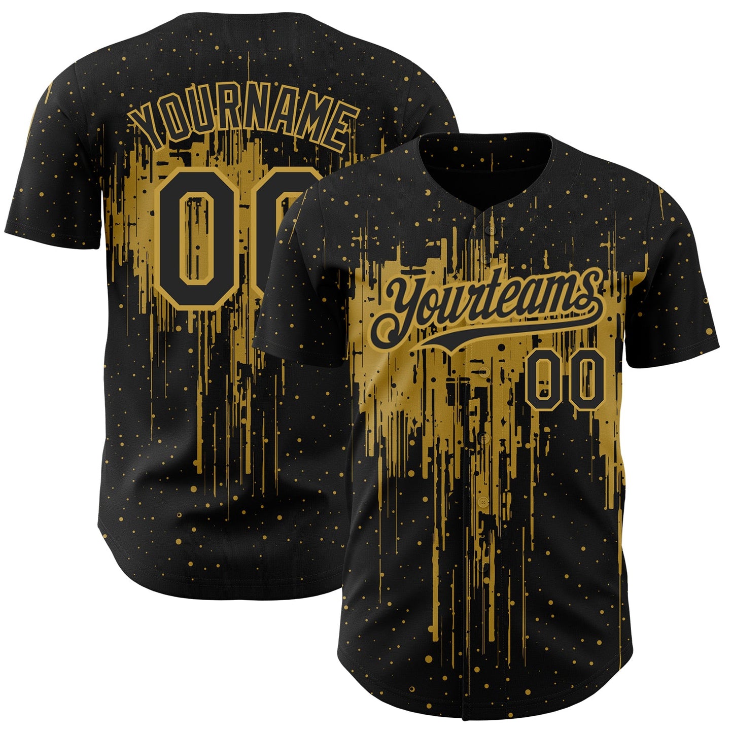 Custom Black Old Gold 3D Pattern Design Dripping Splatter Art Authentic Baseball Jersey - Main View