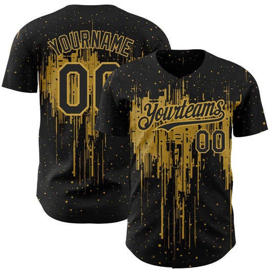 Custom Black Old Gold 3D Pattern Design Dripping Splatter Art Authentic Baseball Jersey - Main View