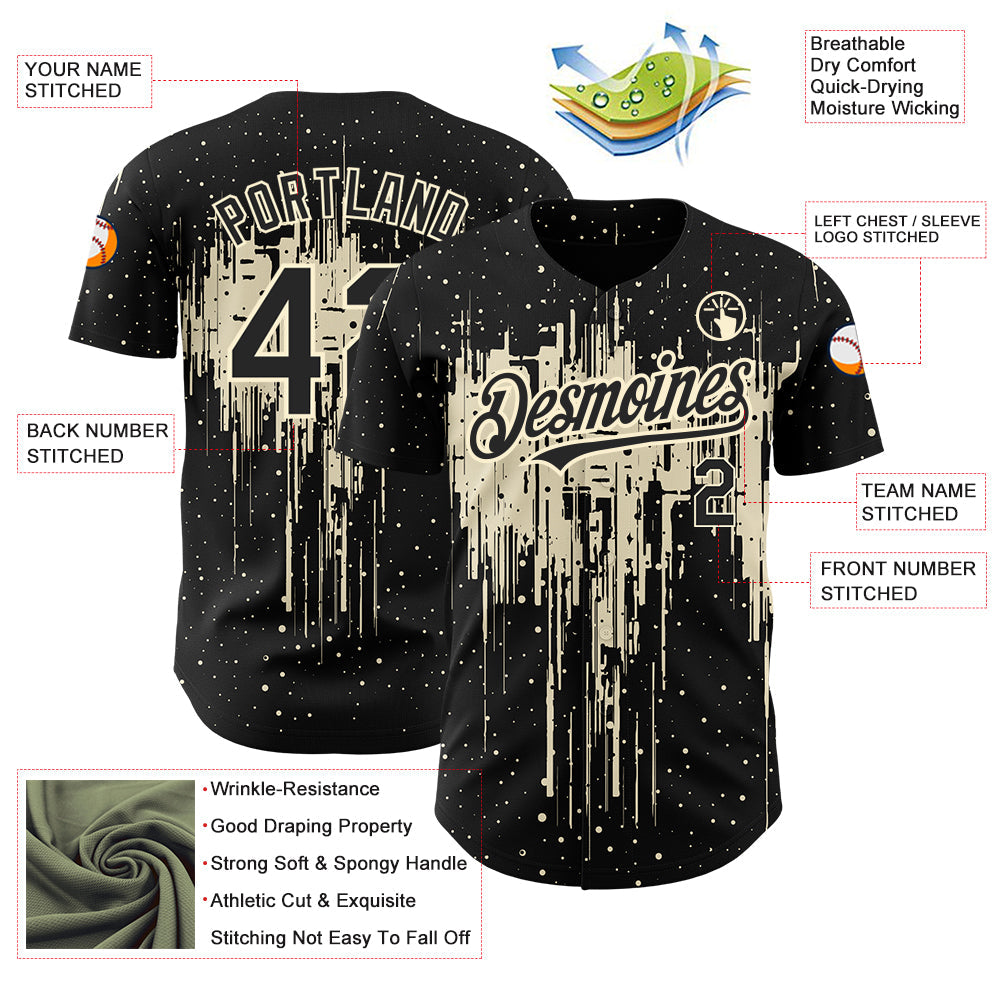 Custom Black Cream 3D Pattern Design Dripping Splatter Art Authentic Baseball Jersey view 3