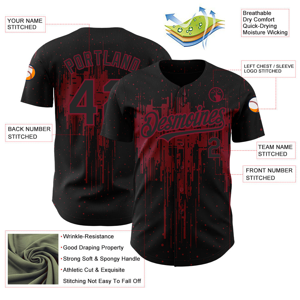 Custom Black Crimson 3D Pattern Design Dripping Splatter Art Authentic Baseball Jersey view 3