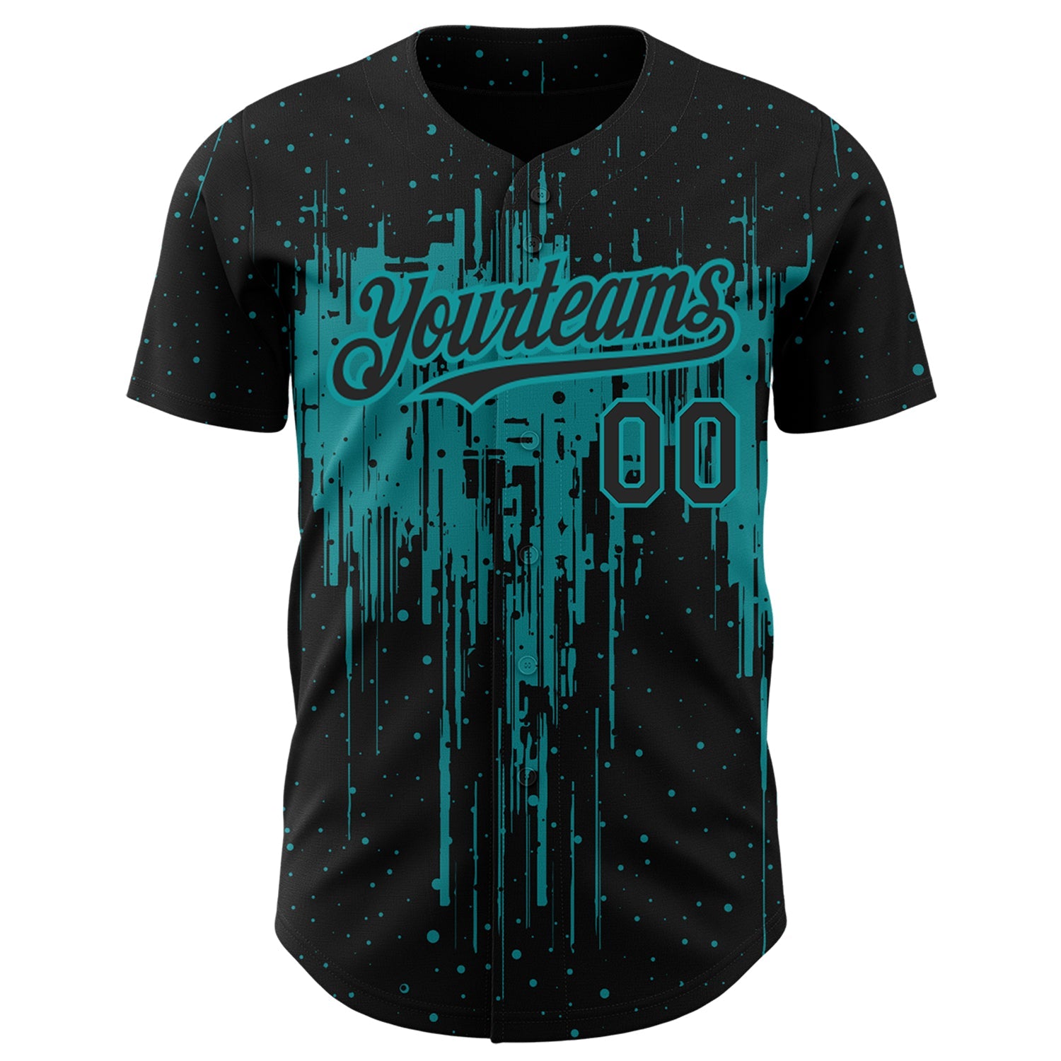 Custom Black Teal 3D Pattern Design Dripping Splatter Art Authentic Baseball Jersey view 2