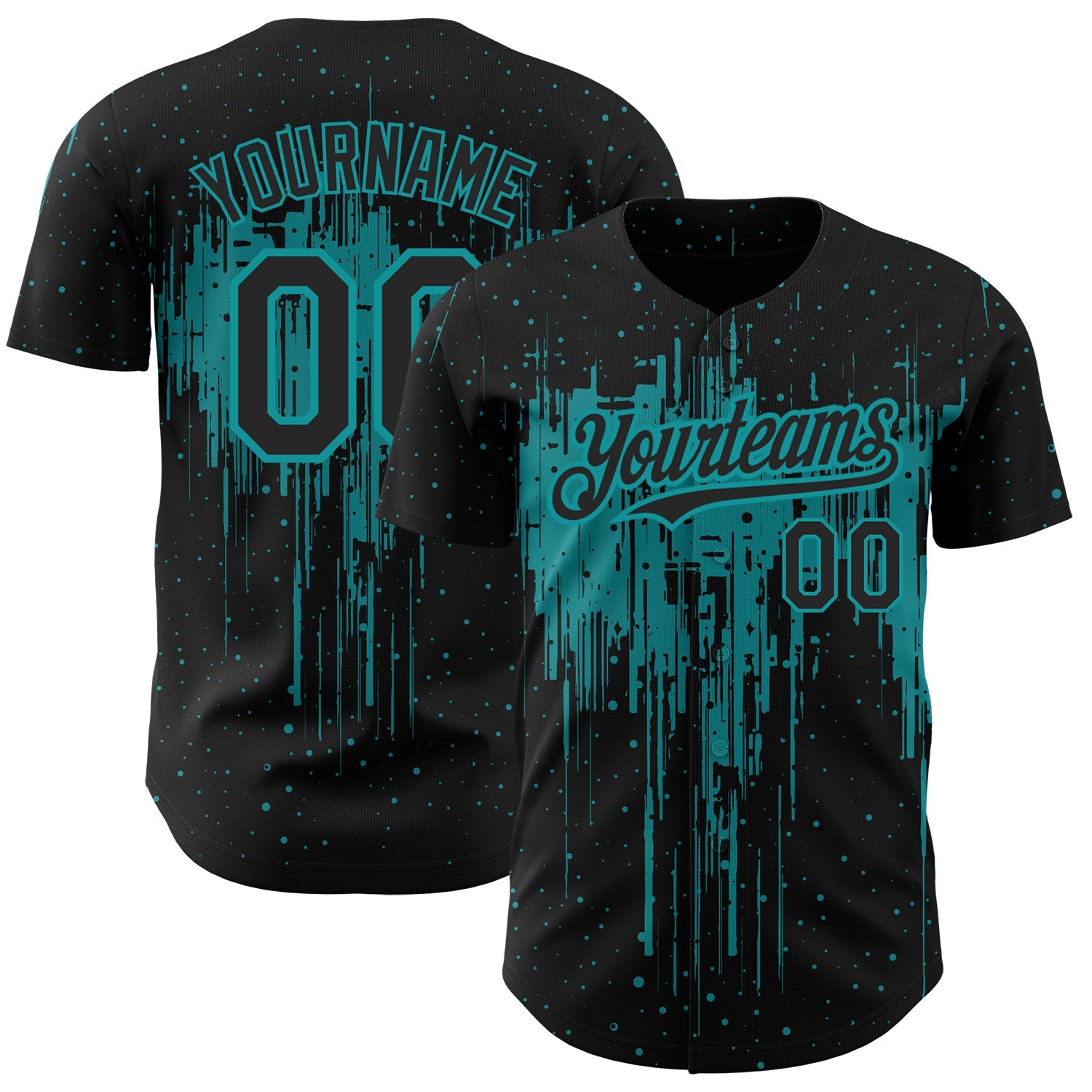Custom Black Teal 3D Pattern Design Dripping Splatter Art Authentic Baseball Jersey - Main View