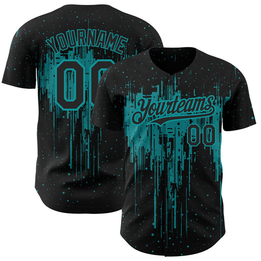 Custom Black Teal 3D Pattern Design Dripping Splatter Art Authentic Baseball Jersey - Main View