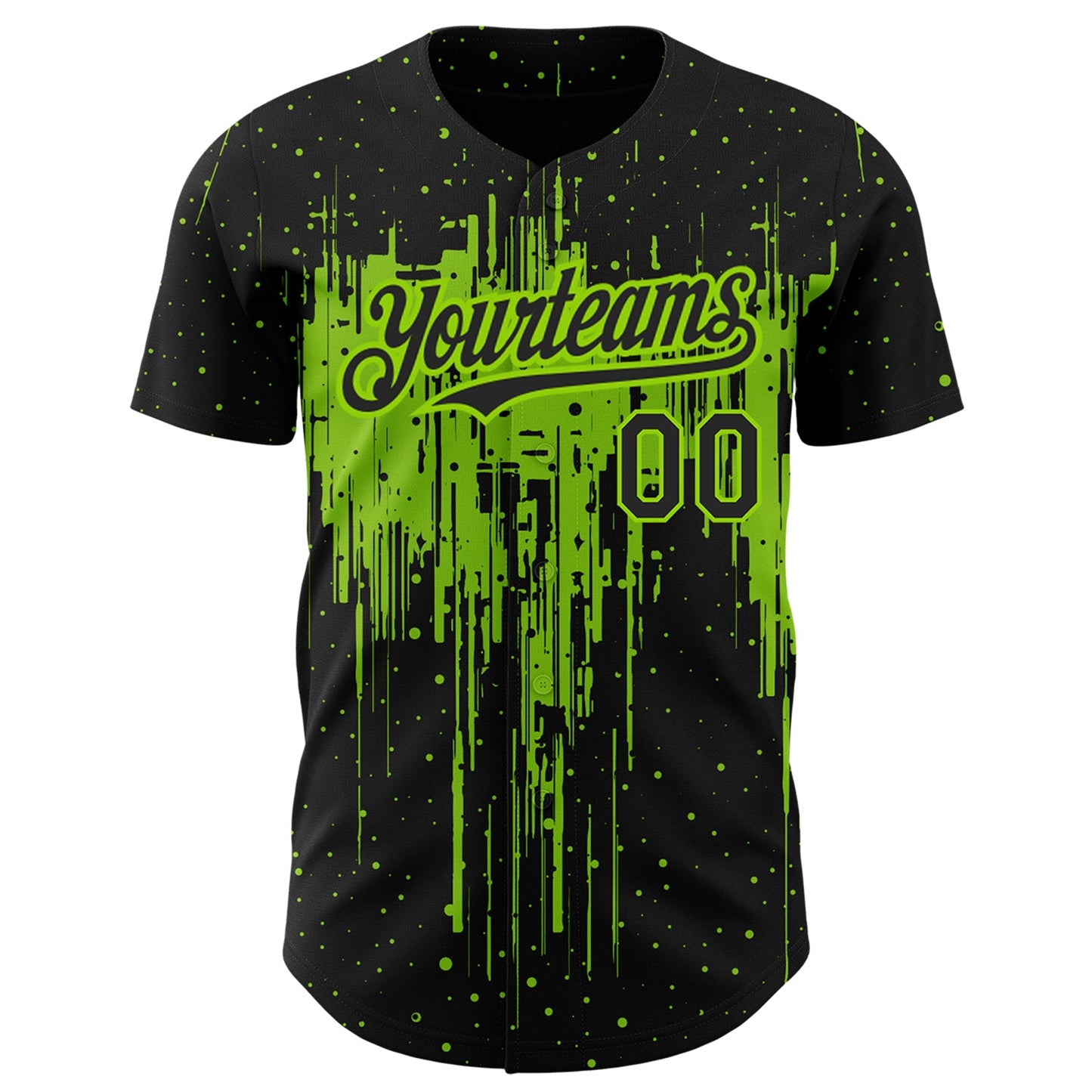 Custom Black Neon Green 3D Pattern Design Dripping Splatter Art Authentic Baseball Jersey view 2