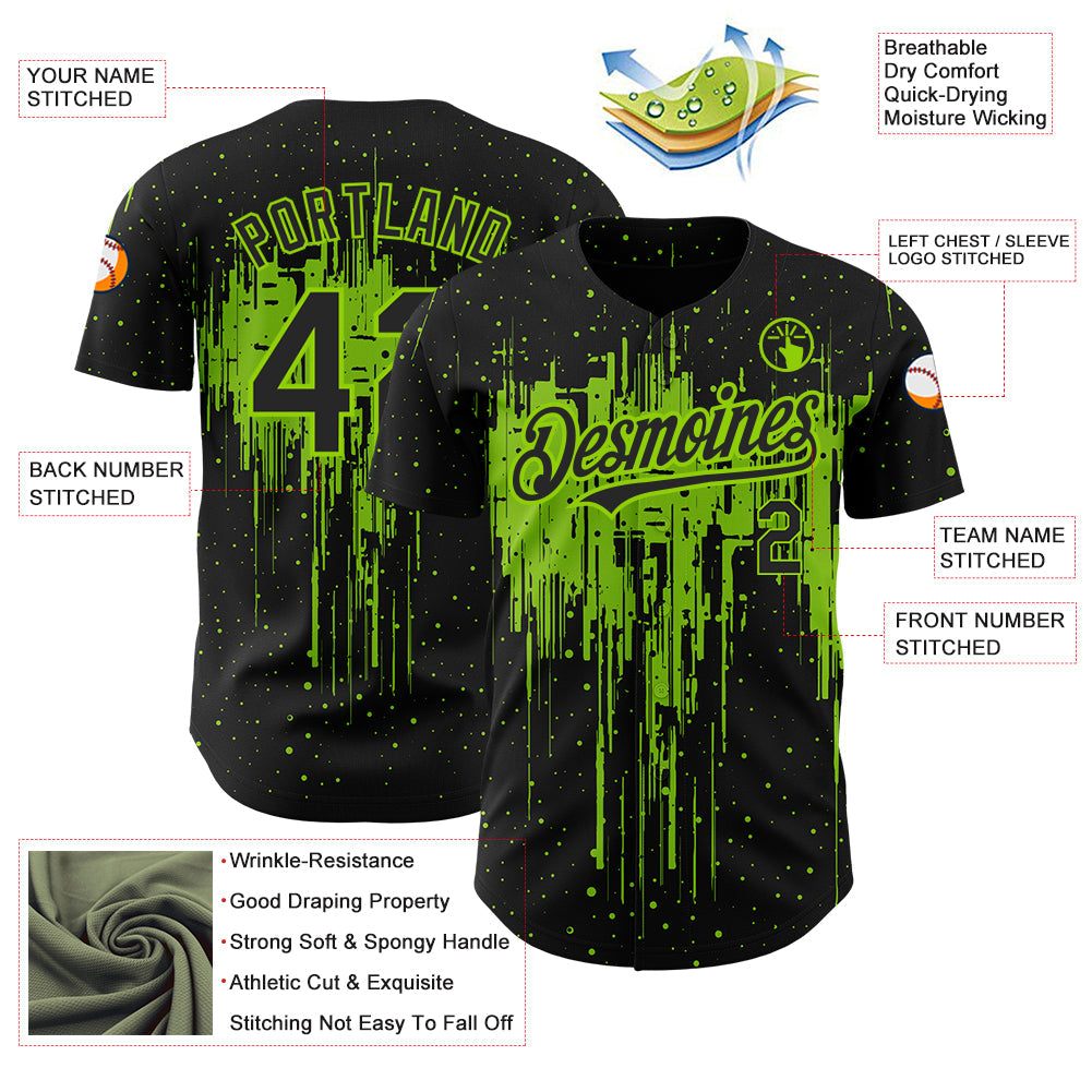 Custom Black Neon Green 3D Pattern Design Dripping Splatter Art Authentic Baseball Jersey view 3