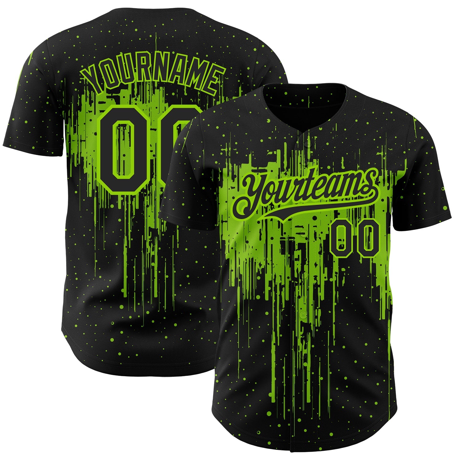 Custom Black Neon Green 3D Pattern Design Dripping Splatter Art Authentic Baseball Jersey - Main View