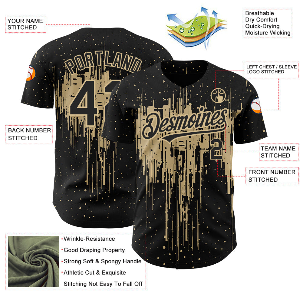 Custom Black Vegas Gold 3D Pattern Design Dripping Splatter Art Authentic Baseball Jersey view 3