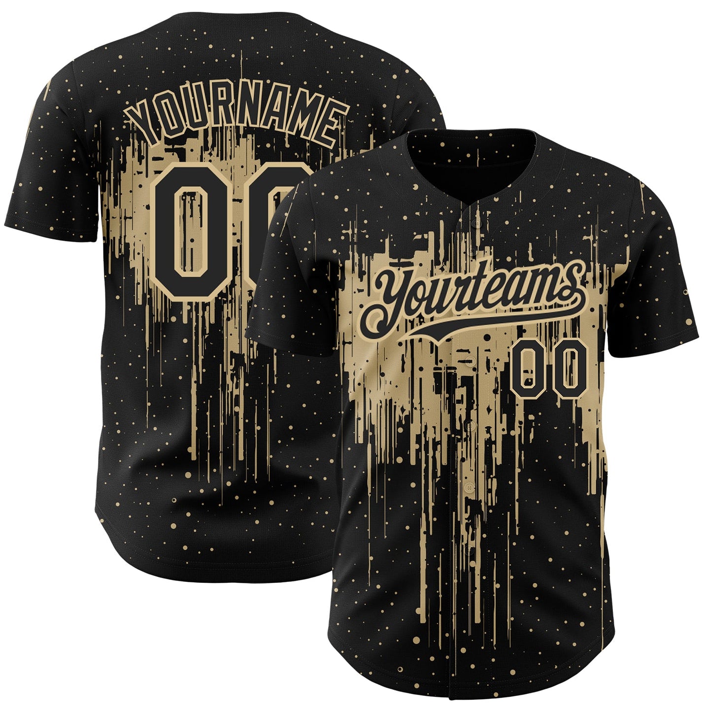 Custom Black Vegas Gold 3D Pattern Design Dripping Splatter Art Authentic Baseball Jersey - Main View
