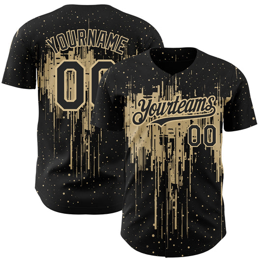 Custom Black Vegas Gold 3D Pattern Design Dripping Splatter Art Authentic Baseball Jersey - Main View