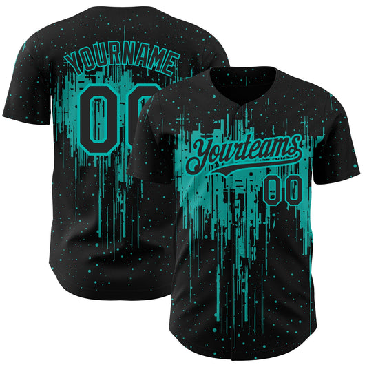 Custom Black Aqua 3D Pattern Design Dripping Splatter Art Authentic Baseball Jersey - Main View
