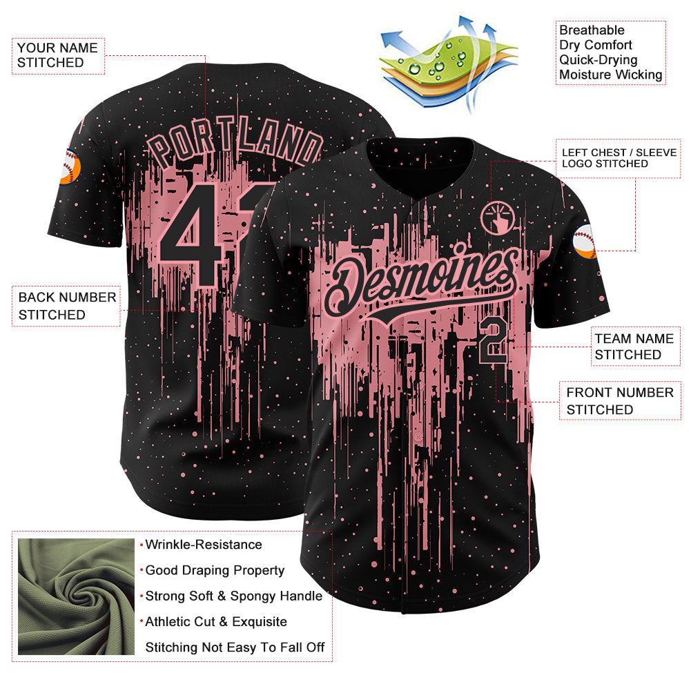 Custom Black Medium Pink 3D Pattern Design Dripping Splatter Art Authentic Baseball Jersey view 3