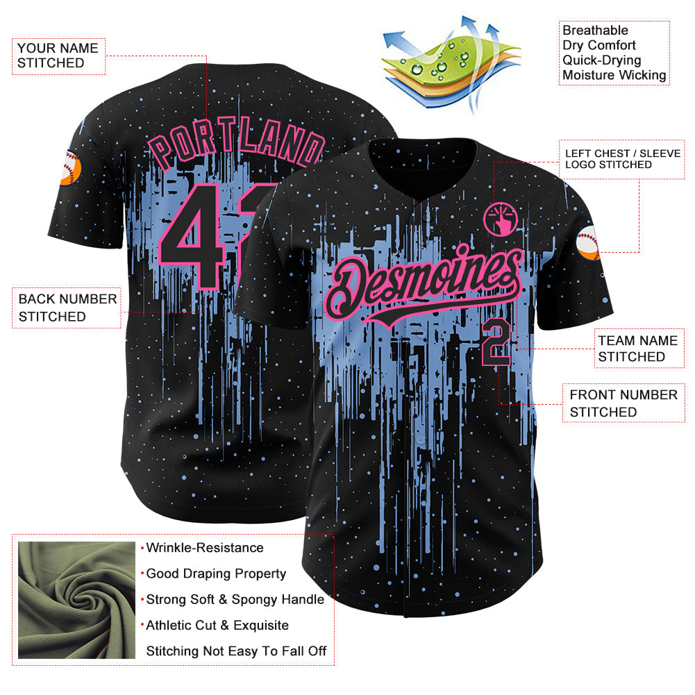 Custom Black Light Blue-Pink 3D Pattern Design Dripping Splatter Art Authentic Baseball Jersey view 3