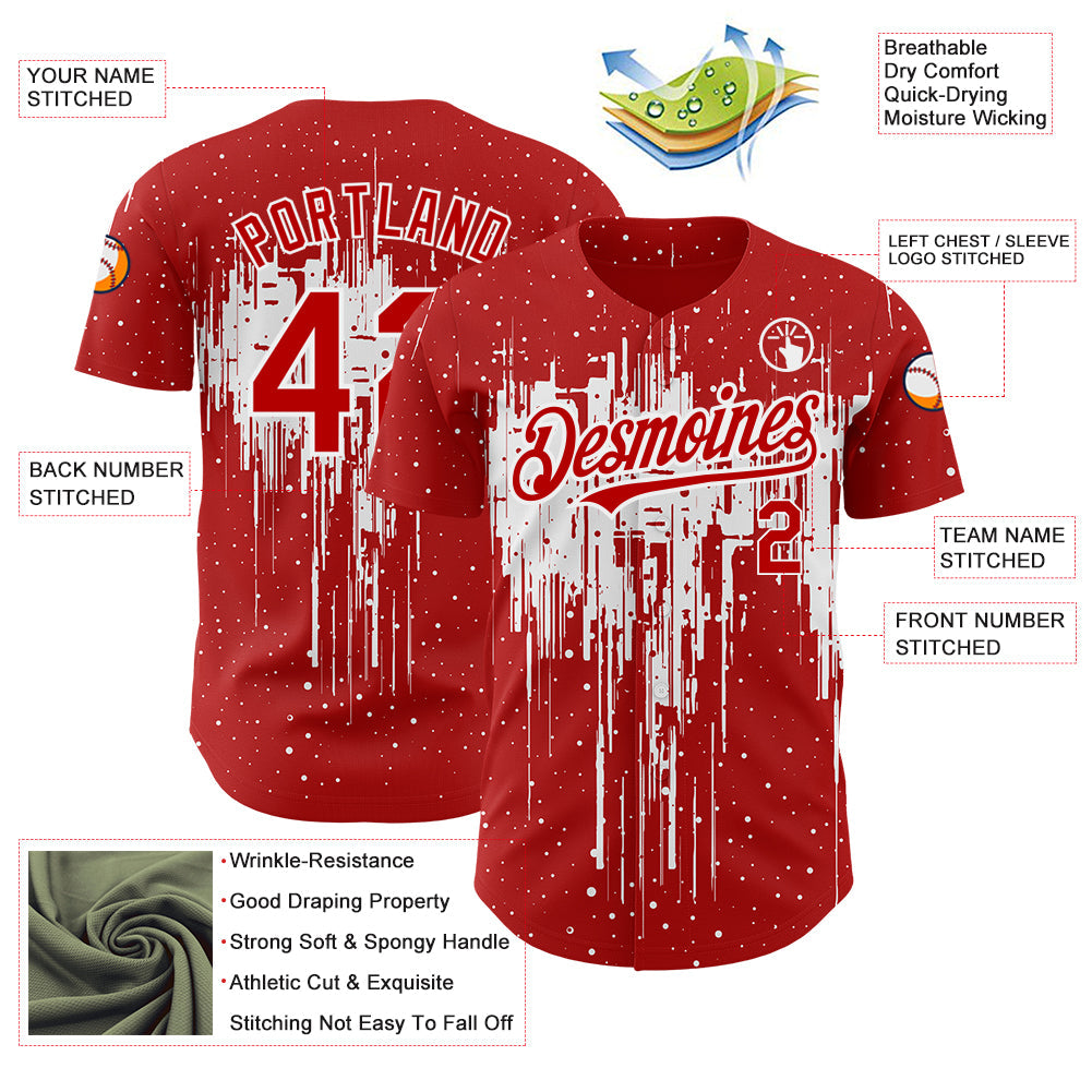 Custom Red White 3D Pattern Design Dripping Splatter Art Authentic Baseball Jersey view 4