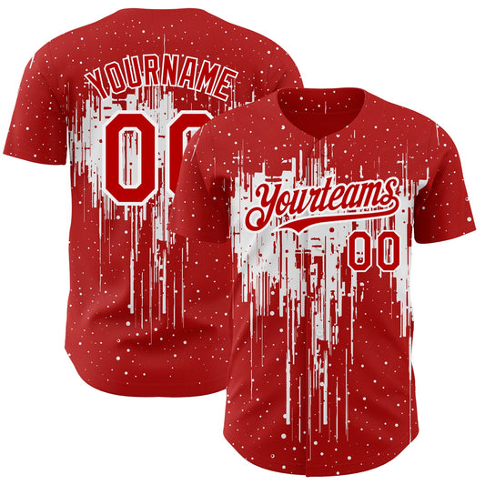 Custom Red White 3D Pattern Design Dripping Splatter Art Authentic Baseball Jersey - Main View