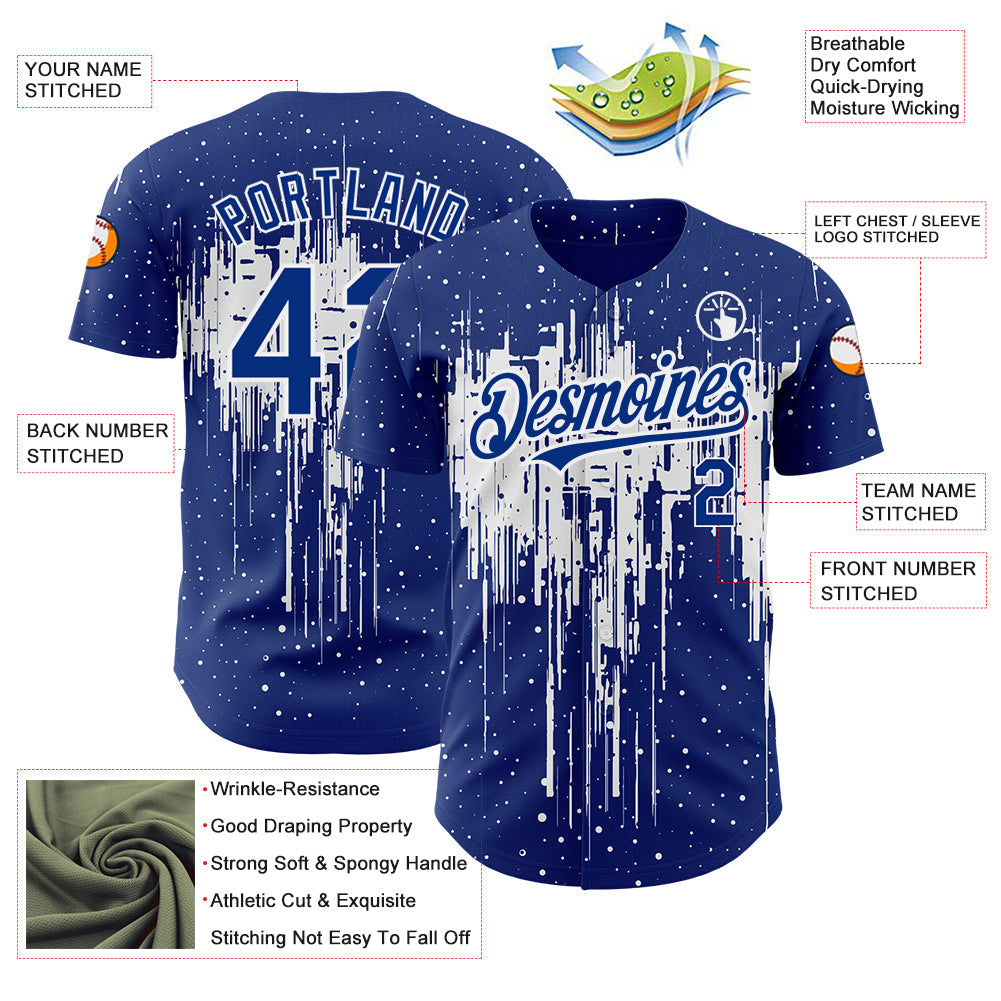 Custom Royal White 3D Pattern Design Dripping Splatter Art Authentic Baseball Jersey view 3