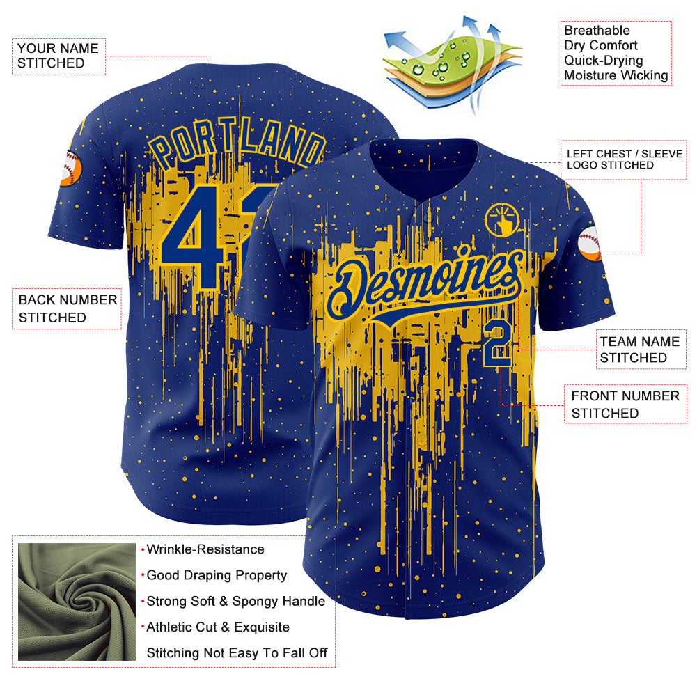 Custom Royal Yellow 3D Pattern Design Dripping Splatter Art Authentic Baseball Jersey view 3