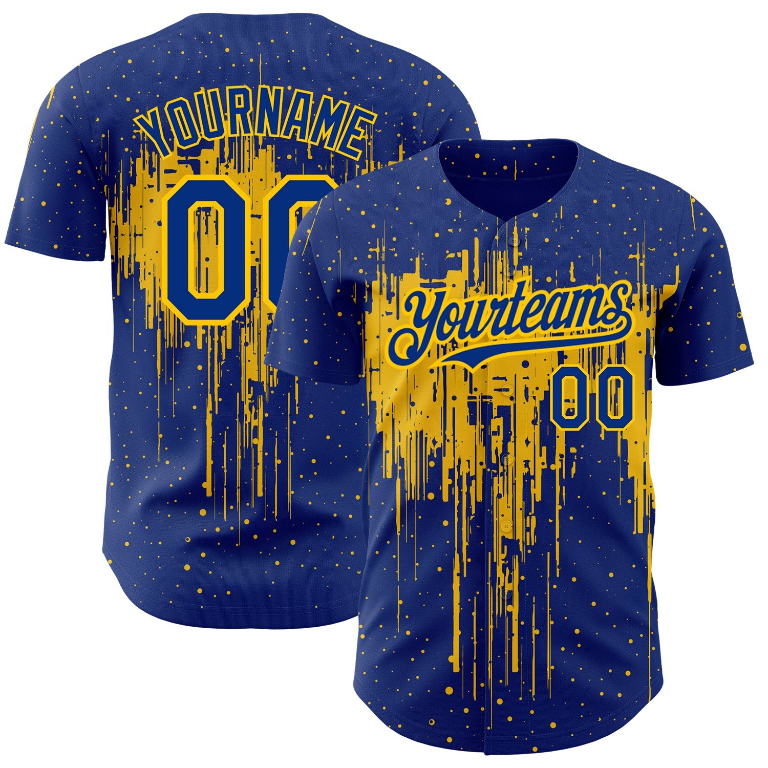 Custom Royal Yellow 3D Pattern Design Dripping Splatter Art Authentic Baseball Jersey - Main View
