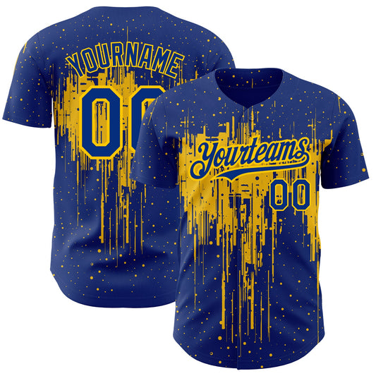 Custom Royal Yellow 3D Pattern Design Dripping Splatter Art Authentic Baseball Jersey - Main View