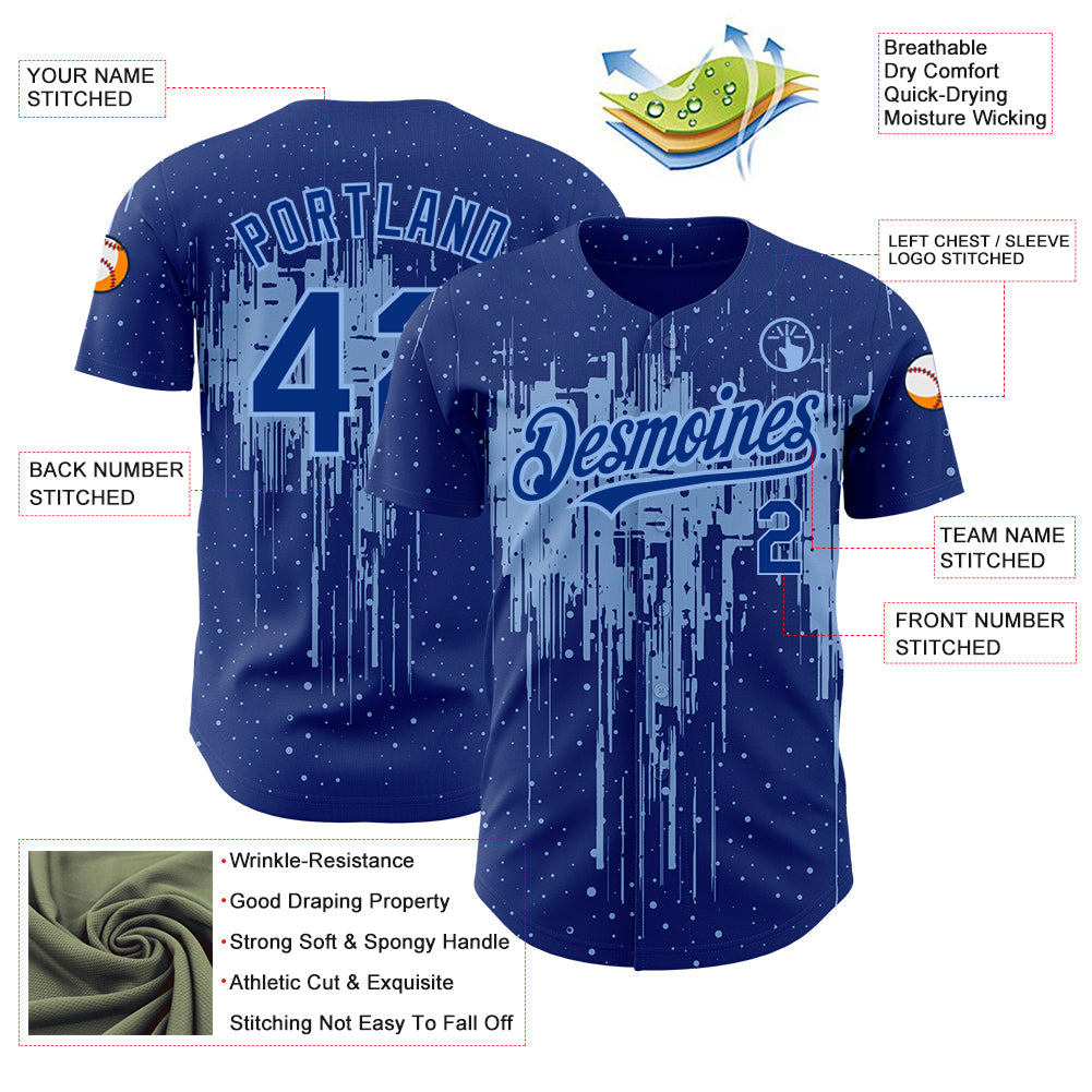 Custom Royal Light Blue 3D Pattern Design Dripping Splatter Art Authentic Baseball Jersey view 3