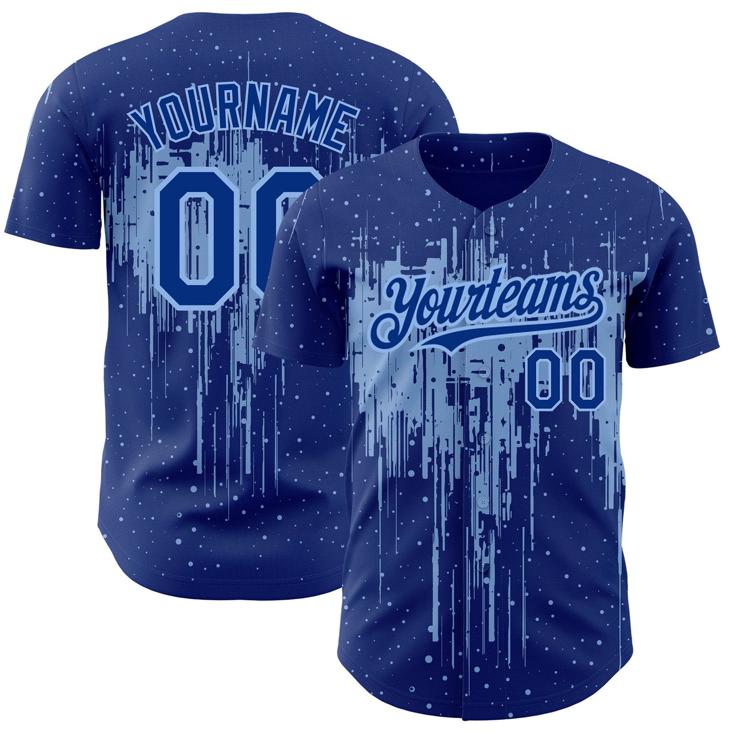 Custom Royal Light Blue 3D Pattern Design Dripping Splatter Art Authentic Baseball Jersey - Main View