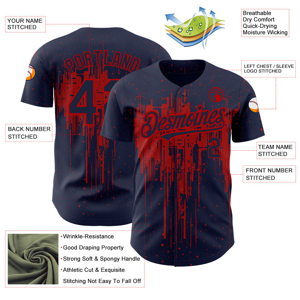 Custom Navy Red 3D Pattern Design Dripping Splatter Art Authentic Baseball Jersey view 3
