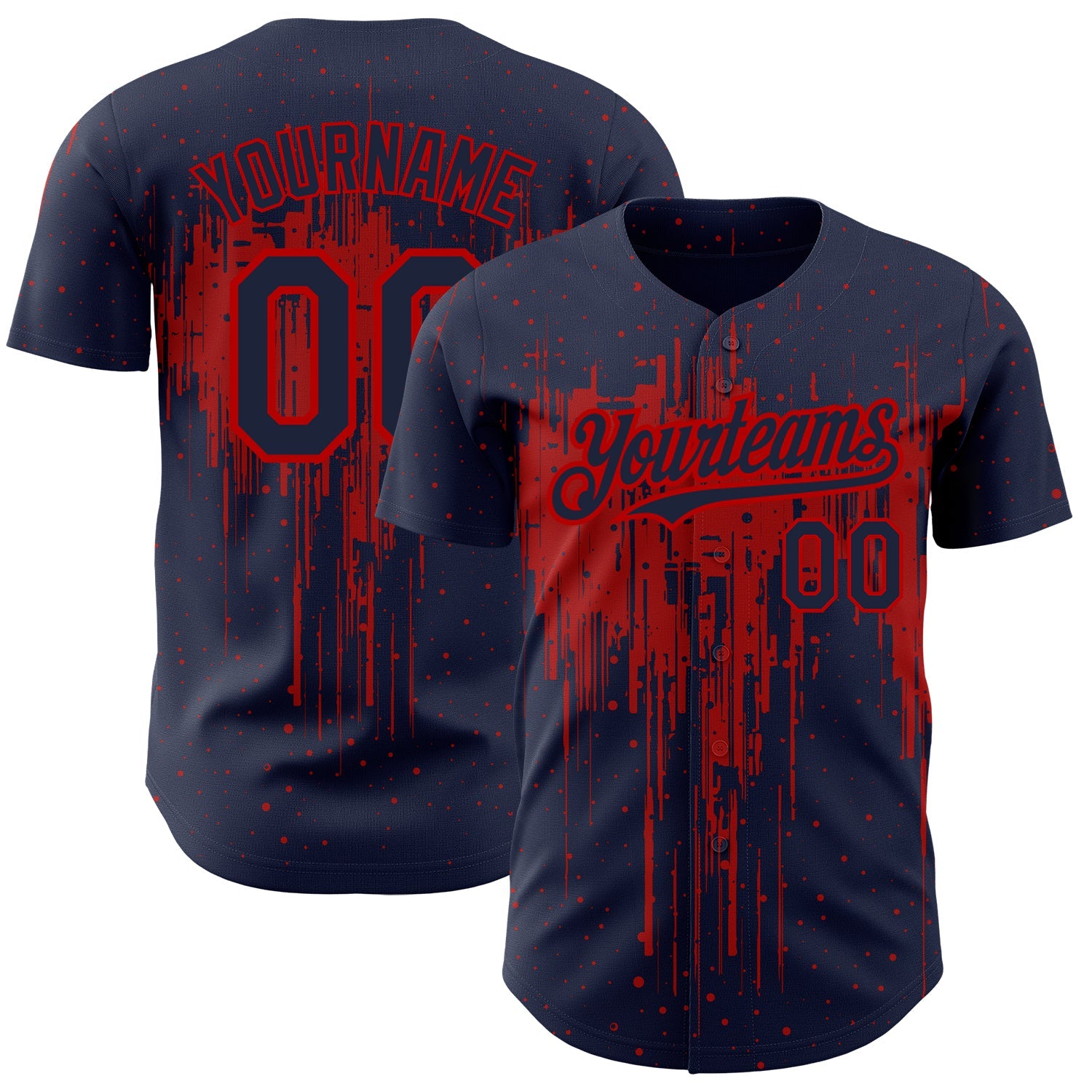 Custom Navy Red 3D Pattern Design Dripping Splatter Art Authentic Baseball Jersey - Main View