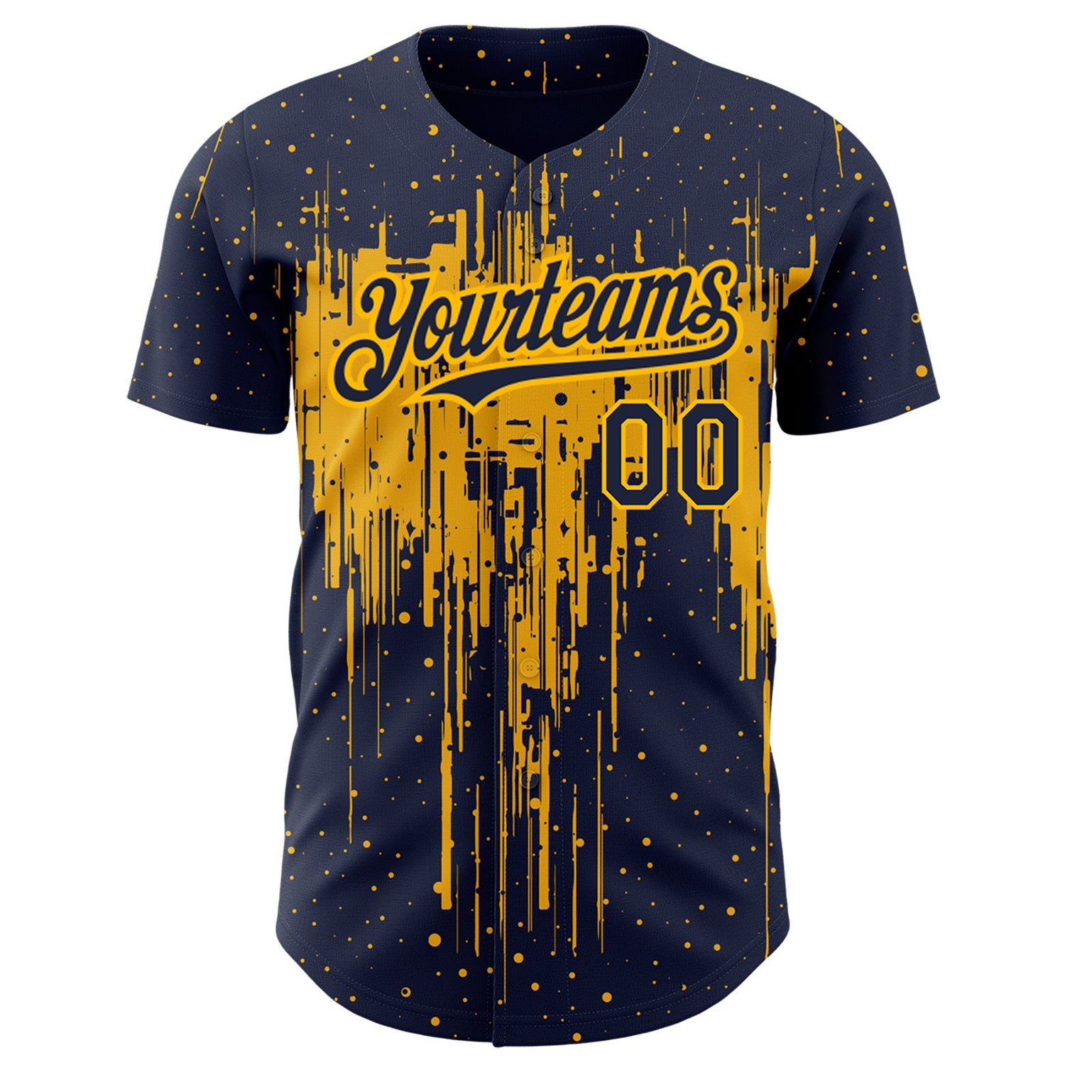Custom Navy Gold 3D Pattern Design Dripping Splatter Art Authentic Baseball Jersey view 2