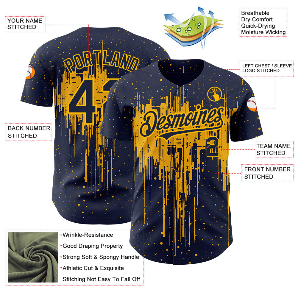 Custom Navy Gold 3D Pattern Design Dripping Splatter Art Authentic Baseball Jersey view 3