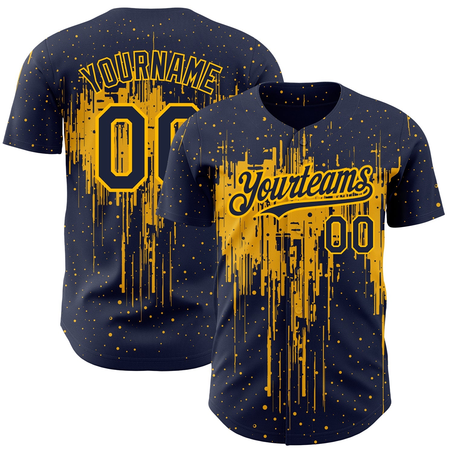 Custom Navy Gold 3D Pattern Design Dripping Splatter Art Authentic Baseball Jersey - Main View