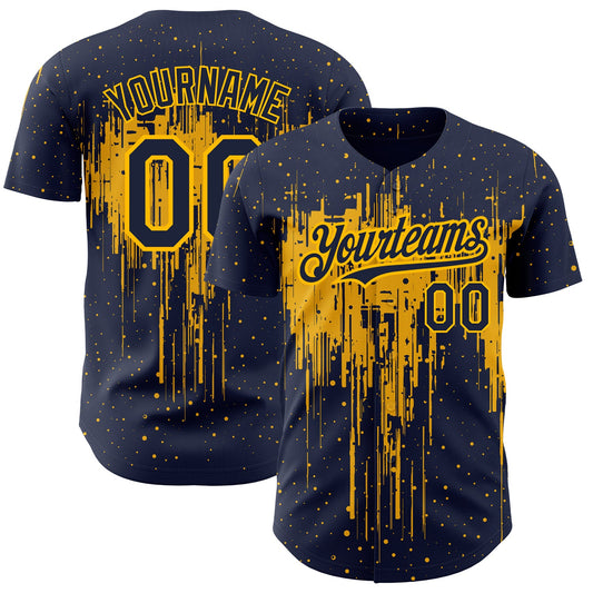 Custom Navy Gold 3D Pattern Design Dripping Splatter Art Authentic Baseball Jersey - Main View