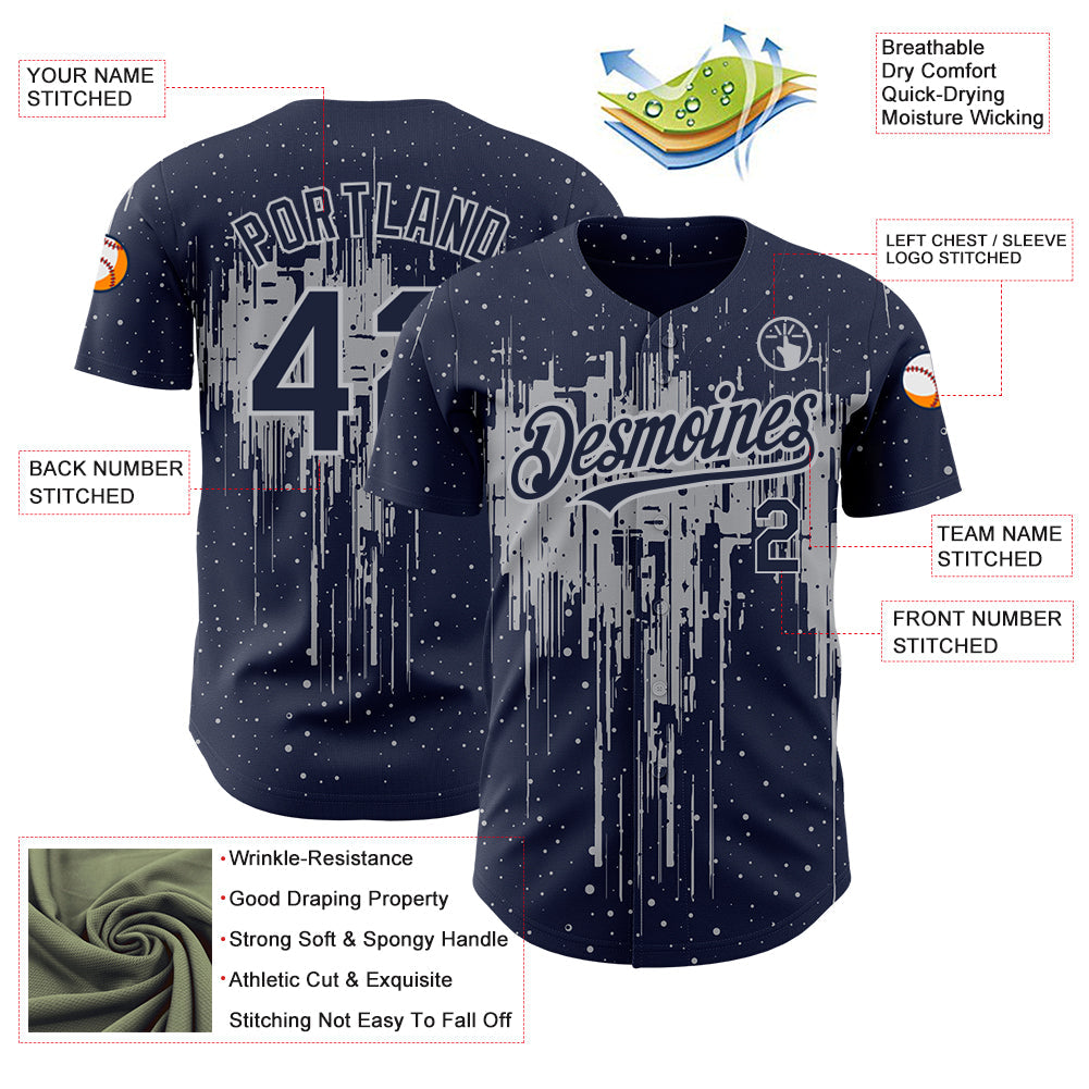 Custom Navy Gray 3D Pattern Design Dripping Splatter Art Authentic Baseball Jersey view 3