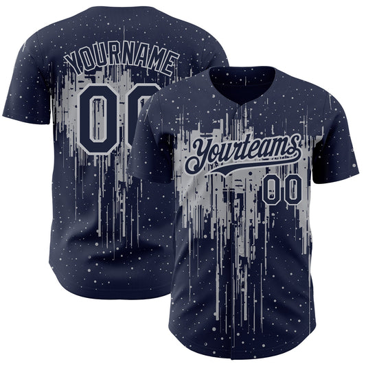 Custom Navy Gray 3D Pattern Design Dripping Splatter Art Authentic Baseball Jersey - Main View