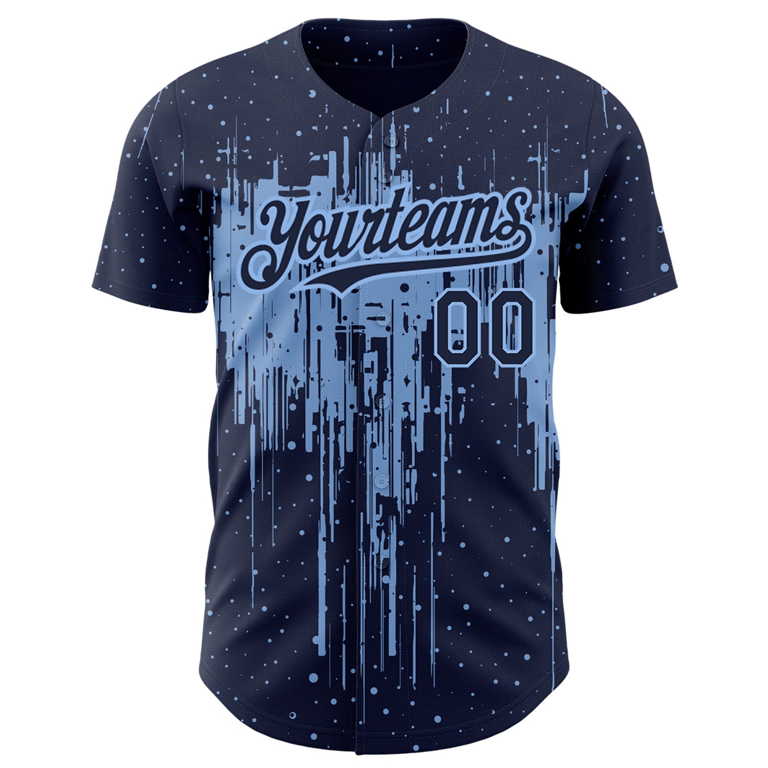 Custom Navy Light Blue 3D Pattern Design Dripping Splatter Art Authentic Baseball Jersey view 2