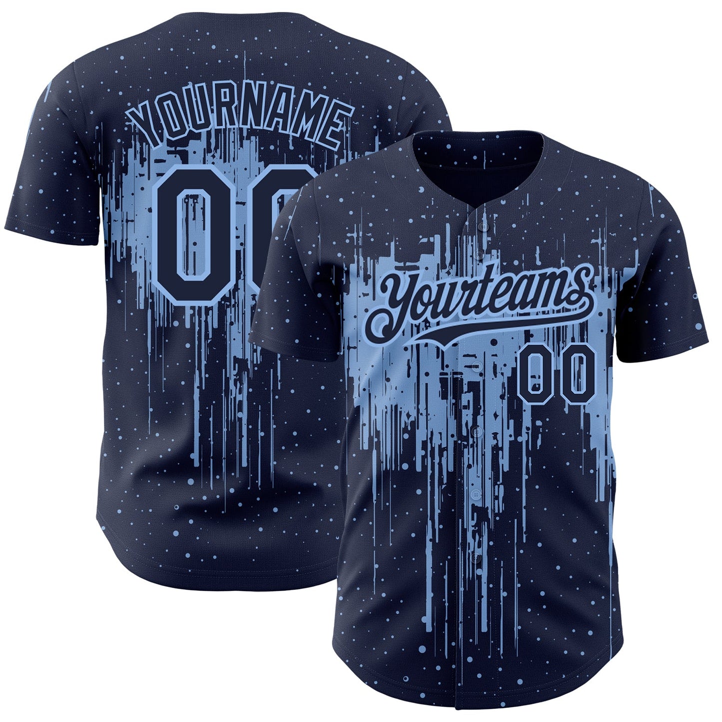 Custom Navy Light Blue 3D Pattern Design Dripping Splatter Art Authentic Baseball Jersey - Main View