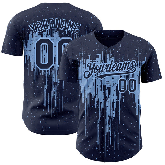 Custom Navy Light Blue 3D Pattern Design Dripping Splatter Art Authentic Baseball Jersey - Main View
