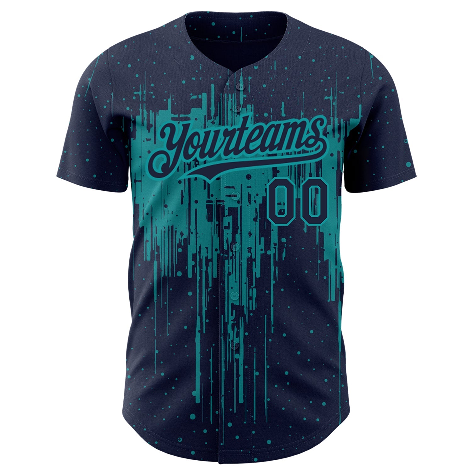 Custom Navy Teal 3D Pattern Design Dripping Splatter Art Authentic Baseball Jersey view 2