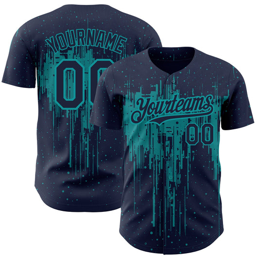 Custom Navy Teal 3D Pattern Design Dripping Splatter Art Authentic Baseball Jersey - Main View
