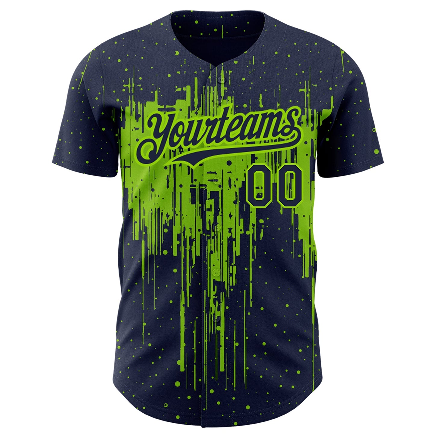 Custom Navy Neon Green 3D Pattern Design Dripping Splatter Art Authentic Baseball Jersey view 2