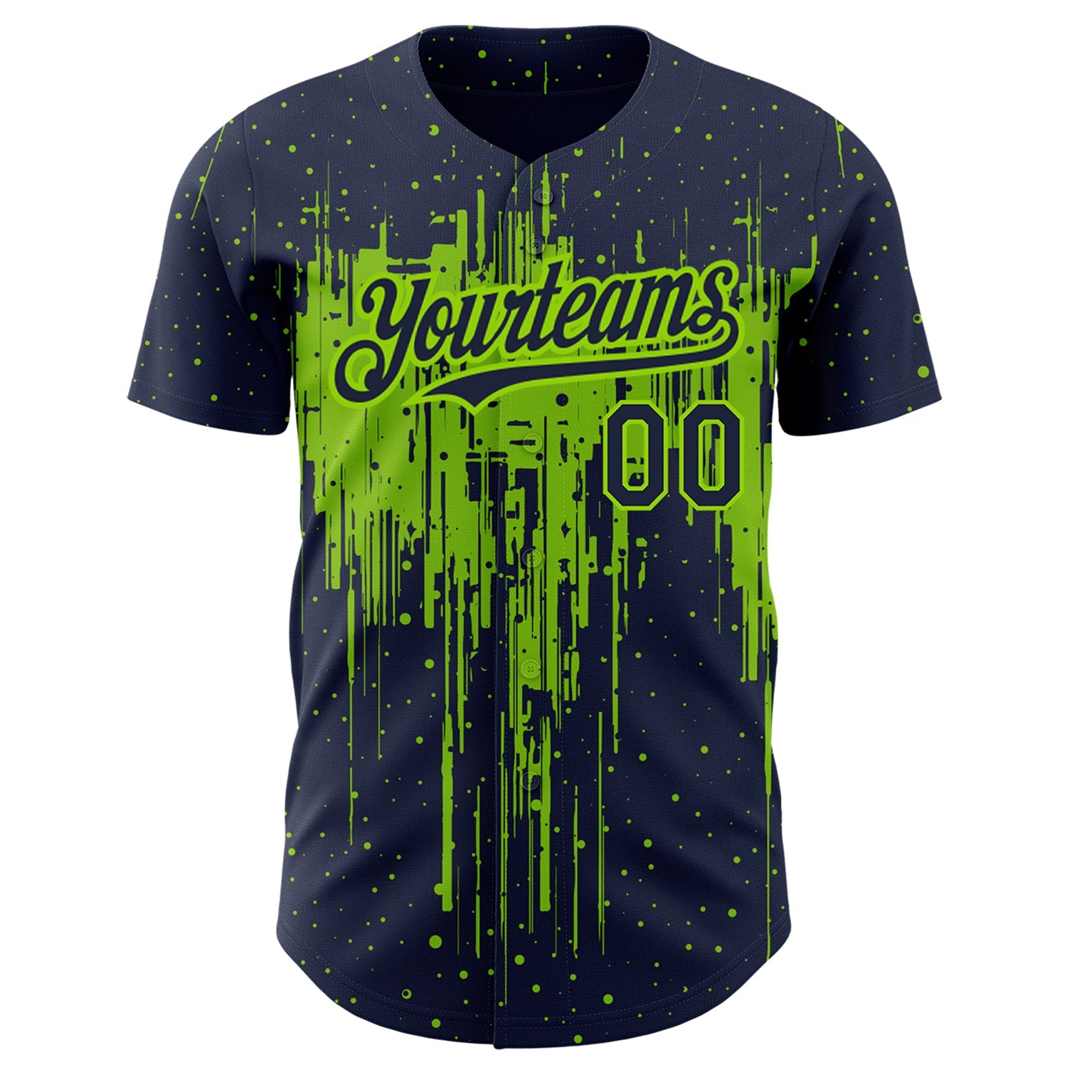 Custom Navy Neon Green 3D Pattern Design Dripping Splatter Art Authentic Baseball Jersey view 2