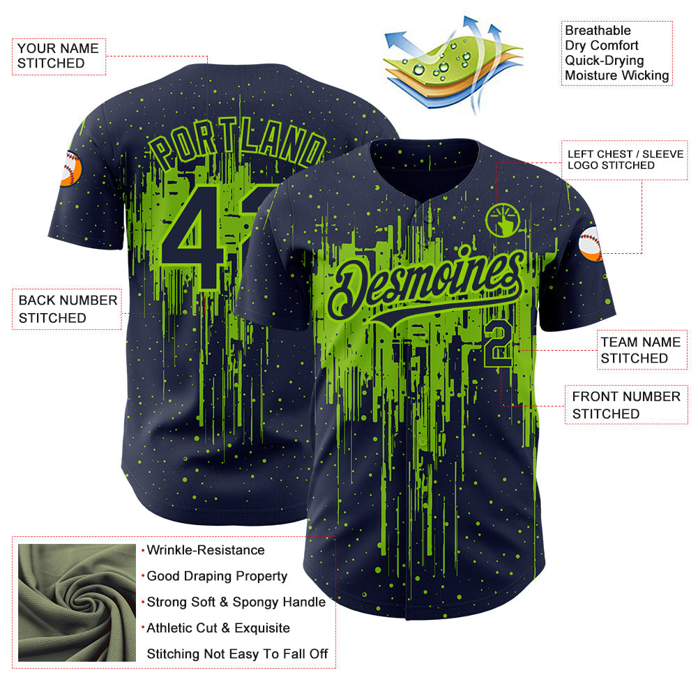 Custom Navy Neon Green 3D Pattern Design Dripping Splatter Art Authentic Baseball Jersey view 3