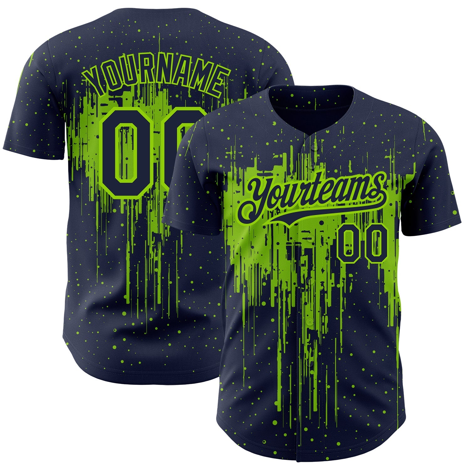 Custom Navy Neon Green 3D Pattern Design Dripping Splatter Art Authentic Baseball Jersey - Main View