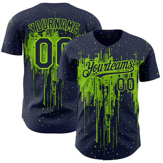 Custom Navy Neon Green 3D Pattern Design Dripping Splatter Art Authentic Baseball Jersey - Main View