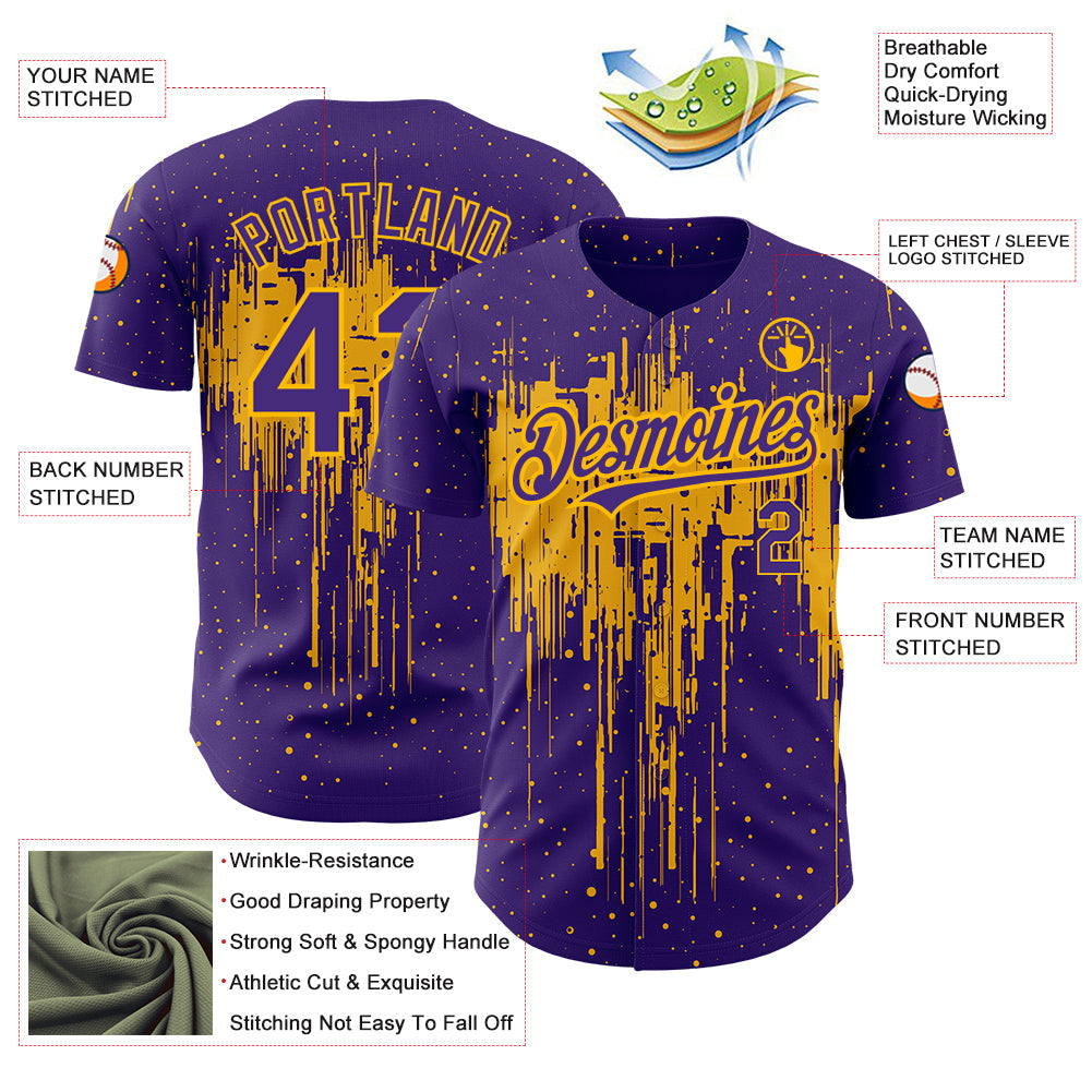 Custom Purple Gold 3D Pattern Design Dripping Splatter Art Authentic Baseball Jersey view 3
