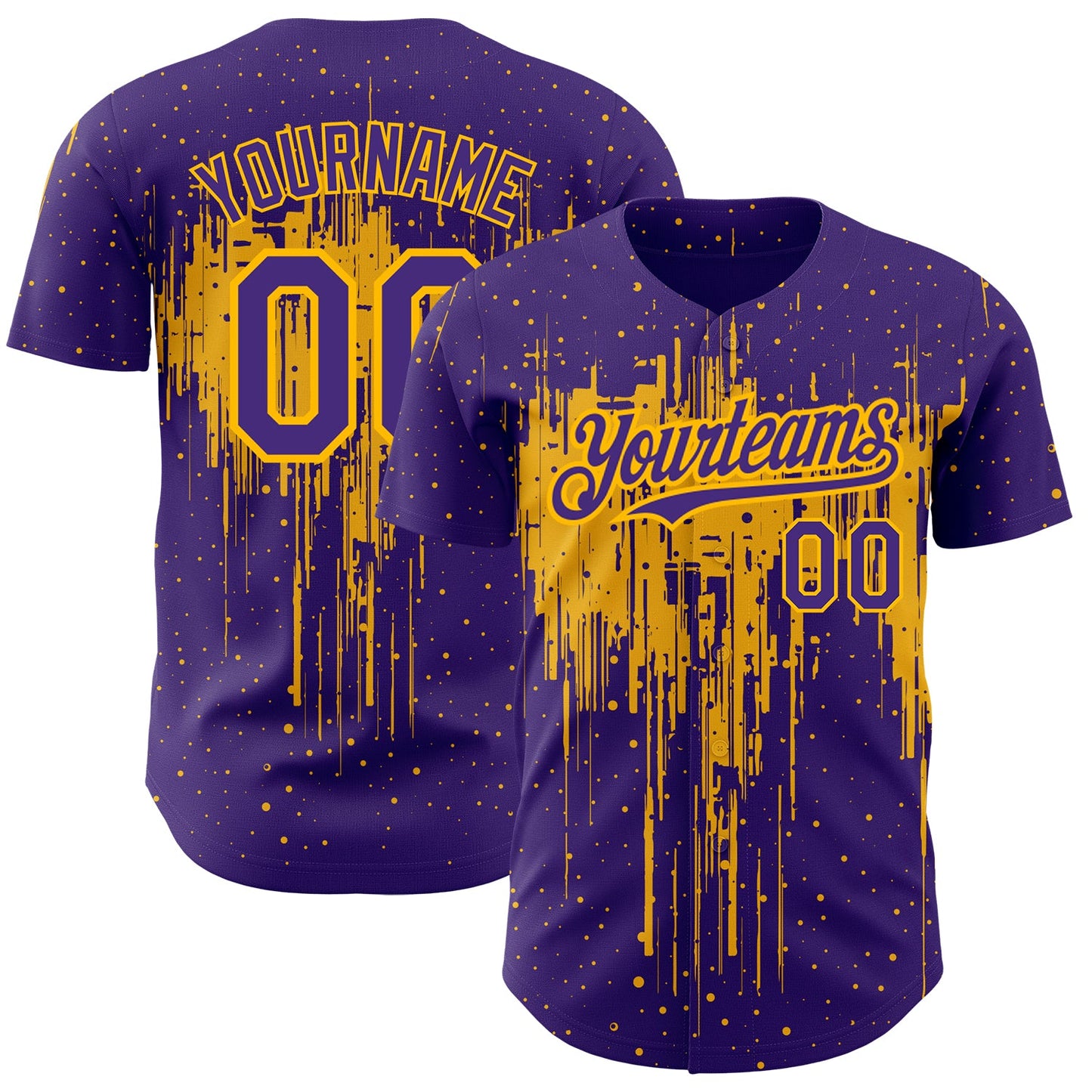Custom Purple Gold 3D Pattern Design Dripping Splatter Art Authentic Baseball Jersey - Main View