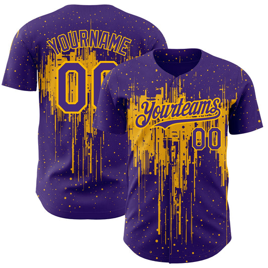 Custom Purple Gold 3D Pattern Design Dripping Splatter Art Authentic Baseball Jersey - Main View
