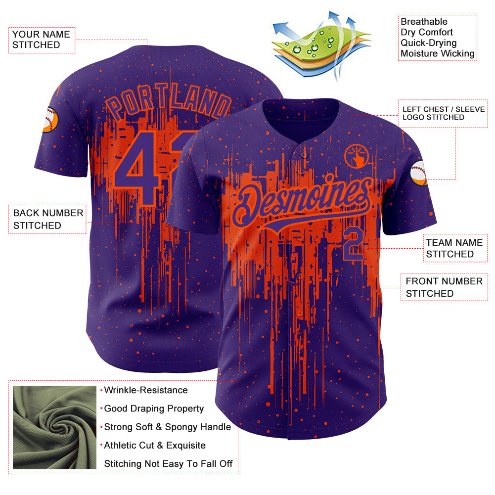 Custom Purple Orange 3D Pattern Design Dripping Splatter Art Authentic Baseball Jersey view 3